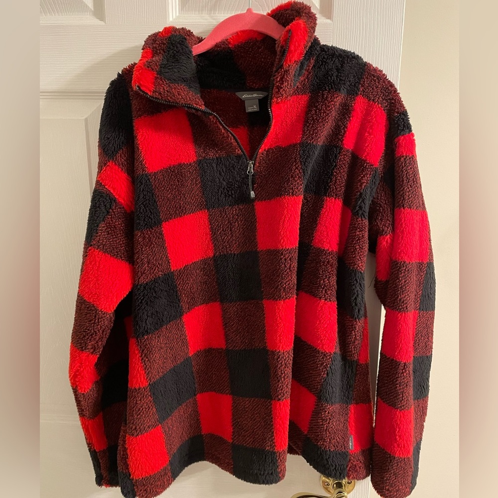 Women’s Eddie Bauer quarter-zip Fuzzy Fleece Buffalo Plaid red/black XL
